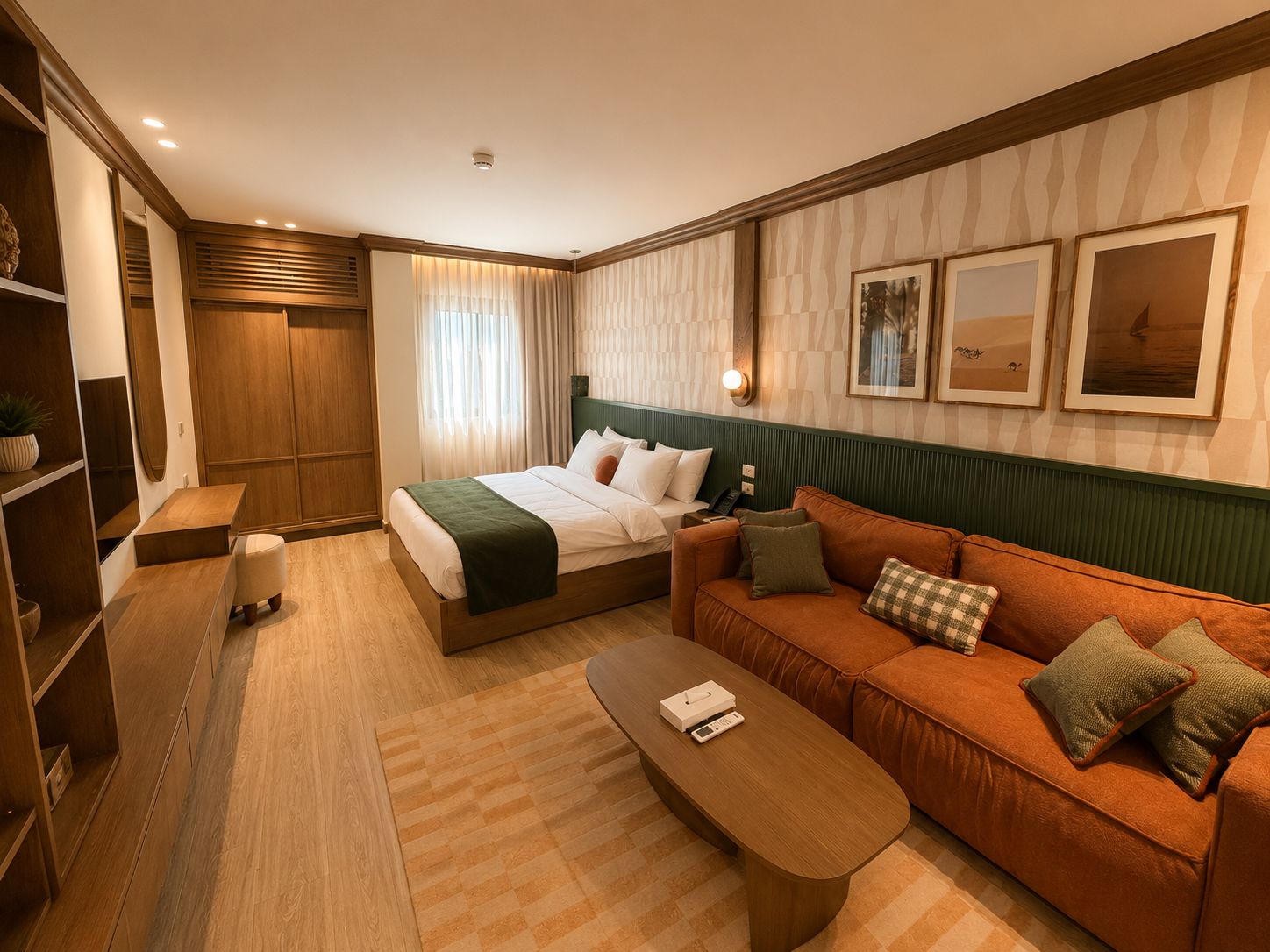 Een hotelkamer met een bed, een bank, een salontafel, een bureau en een kledingkast.