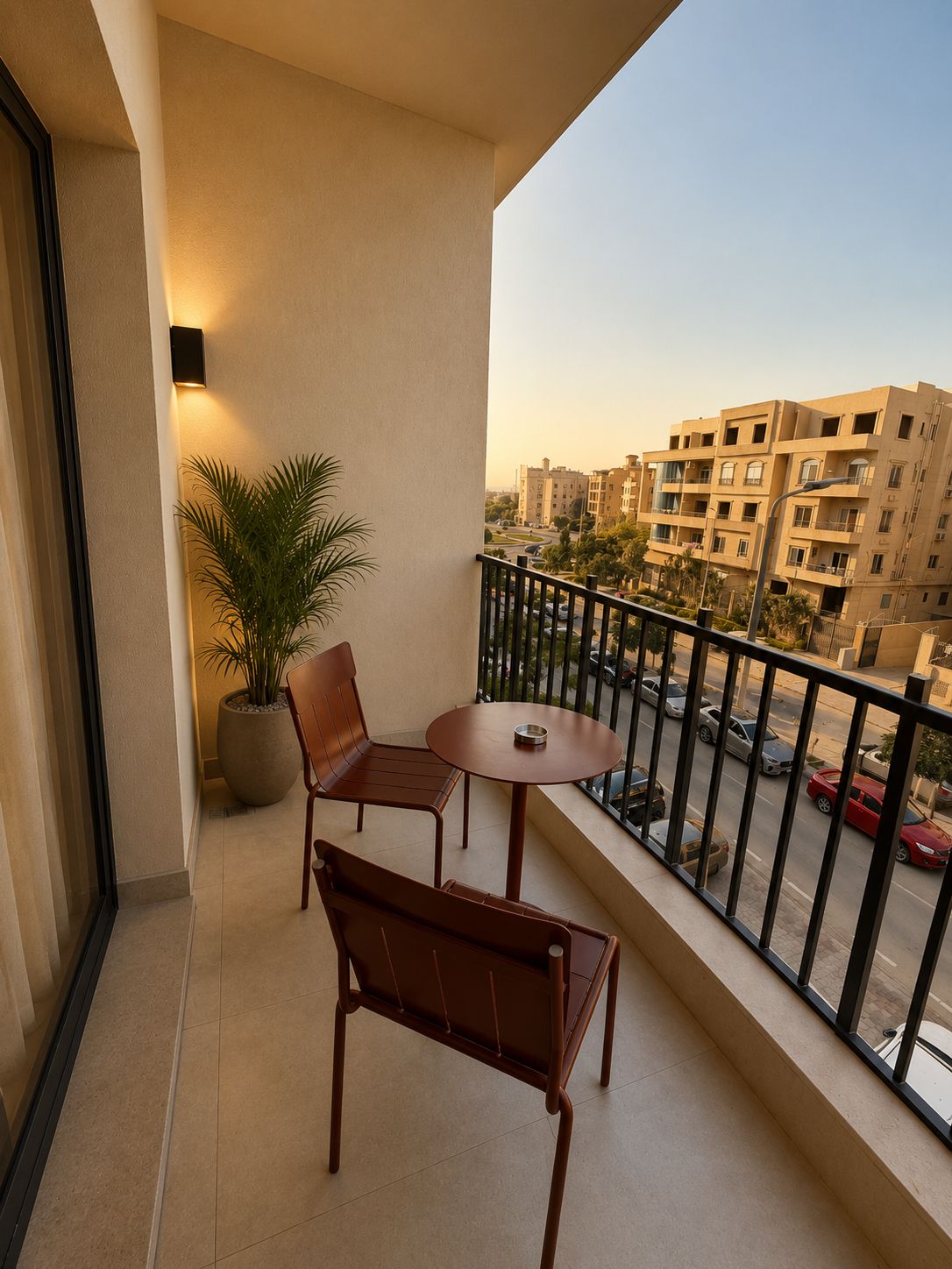 A balcony with two chairs and a table, a potted plant, and a view of a cityscape with buildings and a street.