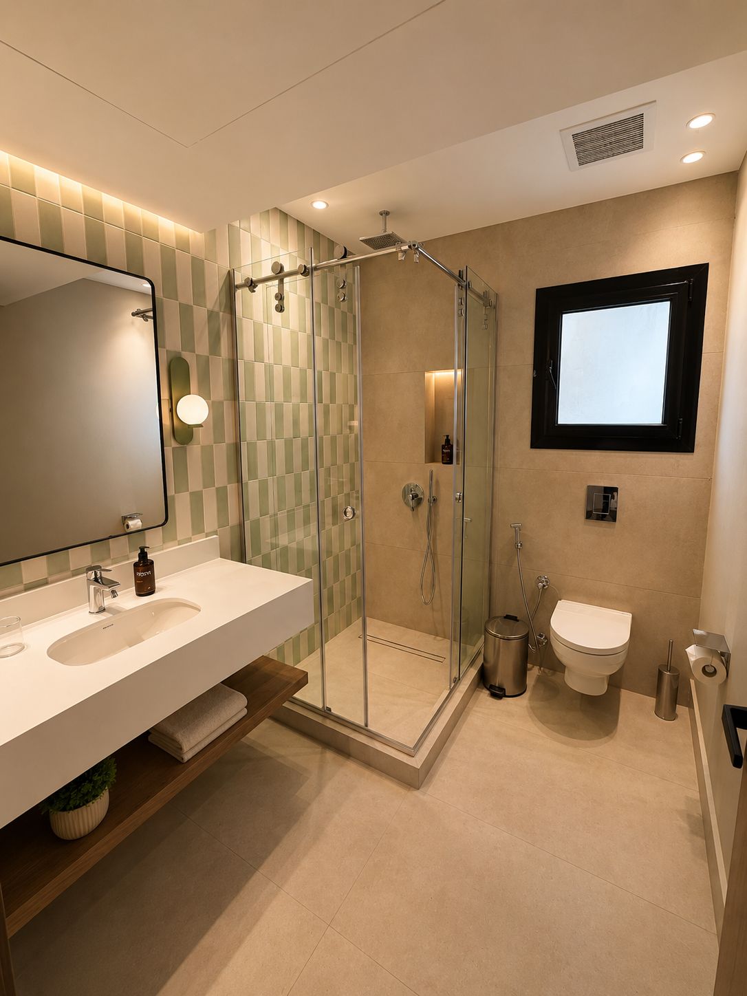 A modern bathroom with a glass-enclosed shower, a large mirror, and a white sink.