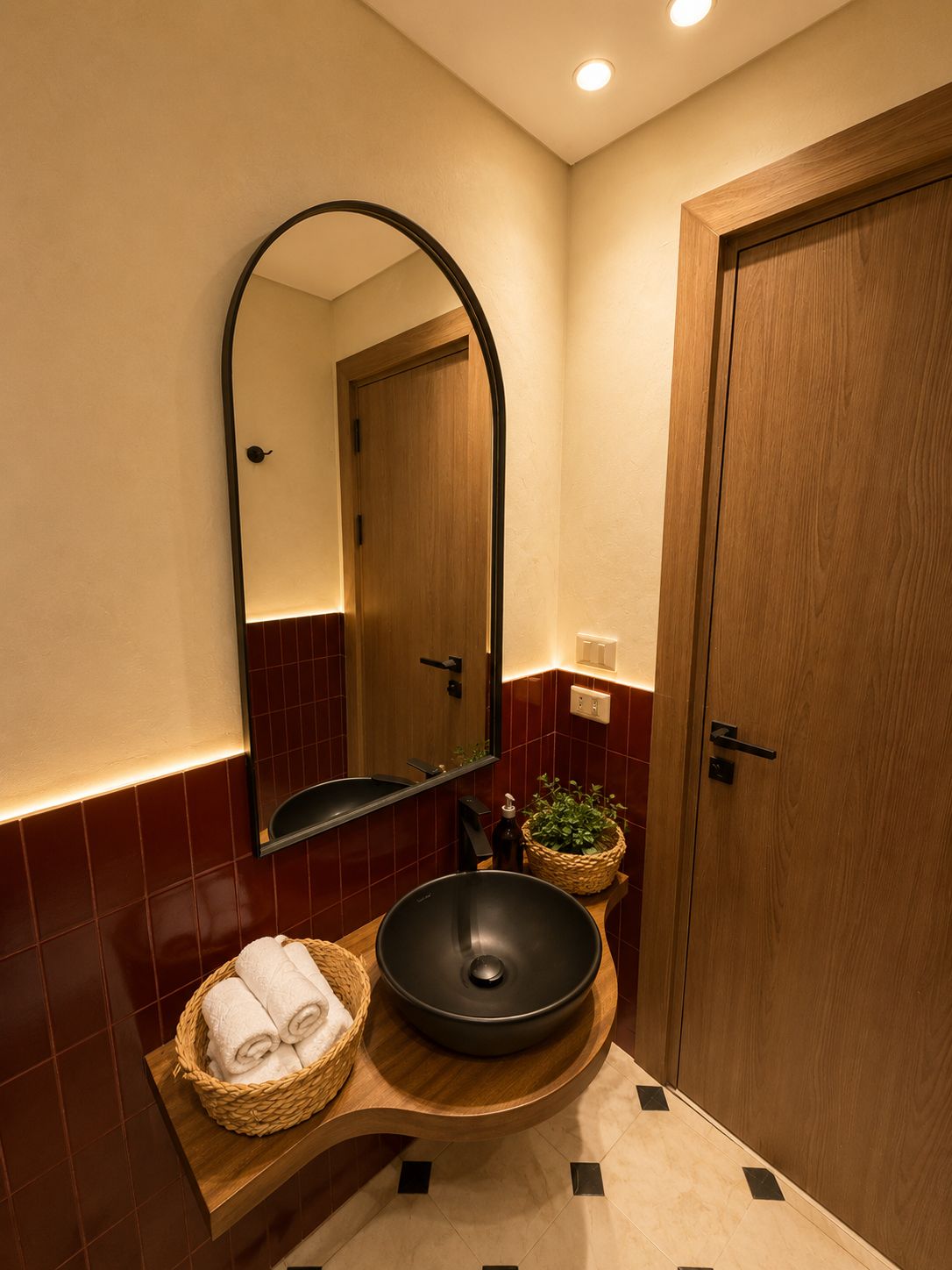 A bathroom with a wooden door, a mirror, a sink with a bowl, and a towel basket.