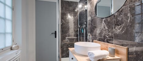 Shower, hair dryer, towels