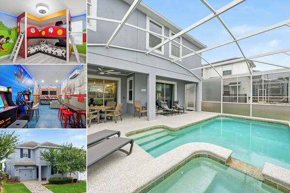 Ein modernes Haus mit Schwimmbad, Spielzimmer für Kinder und Essbereich.
