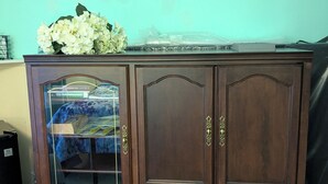A wooden cabinet with glass doors, a floral arrangement on top, and a dark-colored sofa in the background. - Fun Pool for kids, parents, minutes to Niagara Falls, Clifton Hill, restaurants (Niagara Falls)