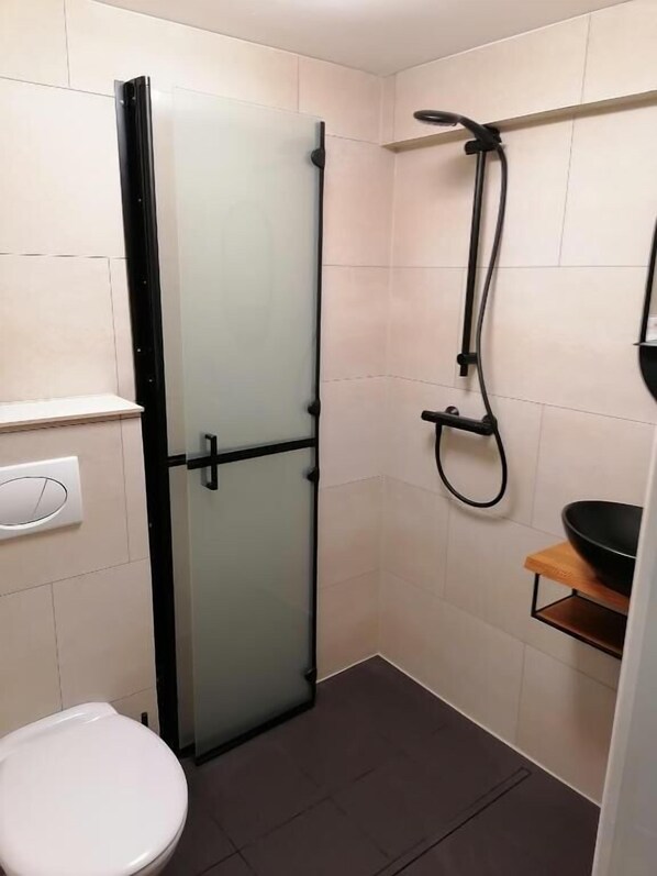 A small bathroom with a toilet, a glass shower enclosure, and a sink with a black basin. - Le Domaine d'Eva (Libramont-Chevigny)