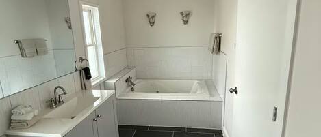Une salle de bain moderne avec une baignoire, un lavabo et un miroir.