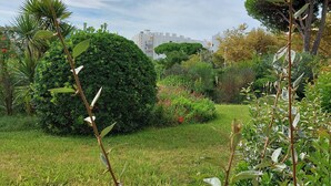 Ein gepflegter Garten mit verschiedenen Pflanzen und Bäumen, einem ordentlich gestutzten Rasen und einem Gebäude im Hintergrund.