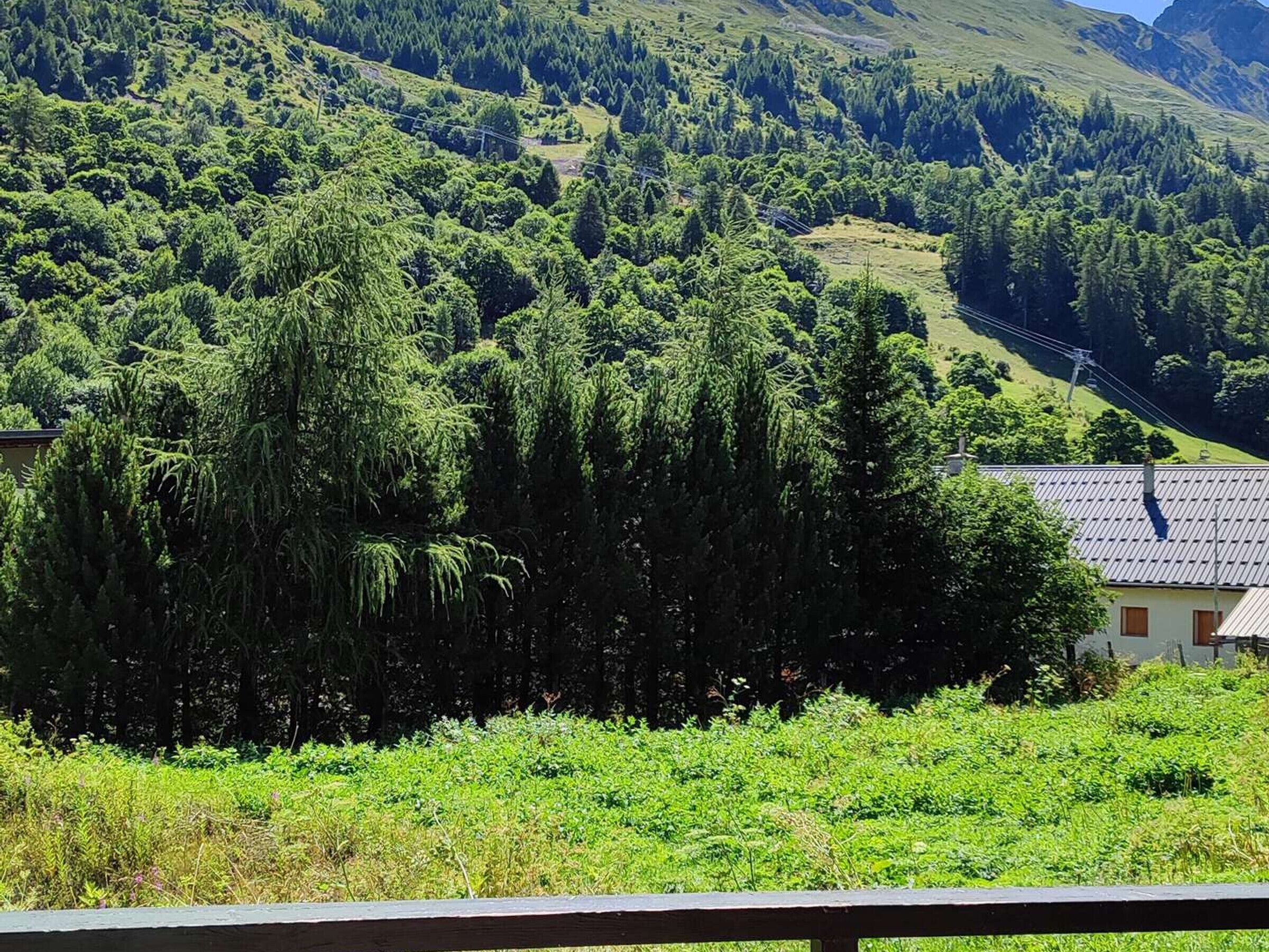 Paesaggio montuoso con fitti boschi verdi e un edificio con tetto in tegole.