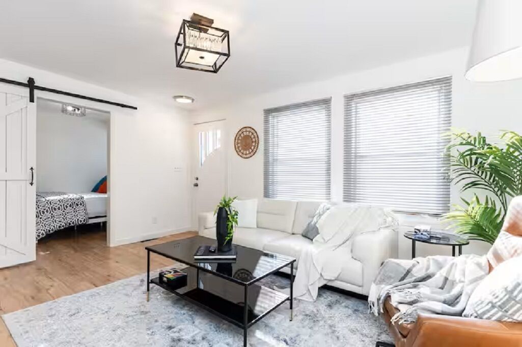A modern living room with a sofa, coffee table, and a plant.