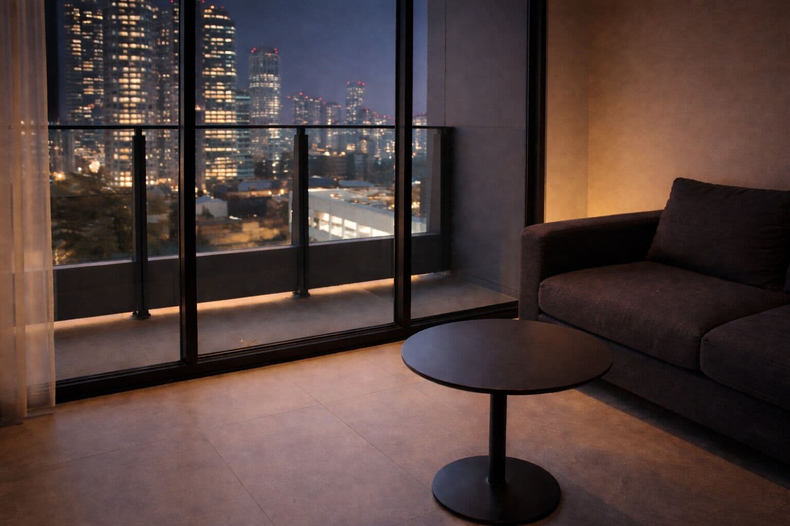 A modern living room with a large window overlooking a cityscape at night.