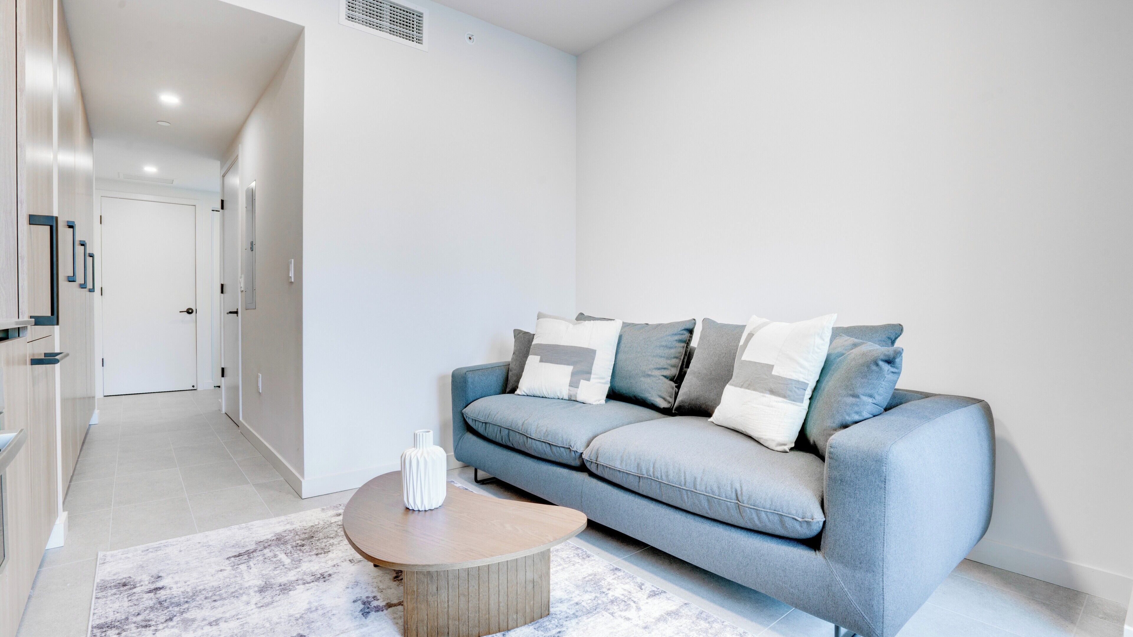 A modern living room with a grey sofa, a round coffee table, and a patterned rug.
