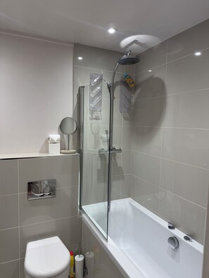 Hair dryer, towels, soap, toilet paper