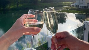 Two hands holding champagne glasses with a lake and greenery in the background. - Spacious Lakeside Family Lodge in the Cotswolds | Sleeps 6 | Private Deck (Cirencester)