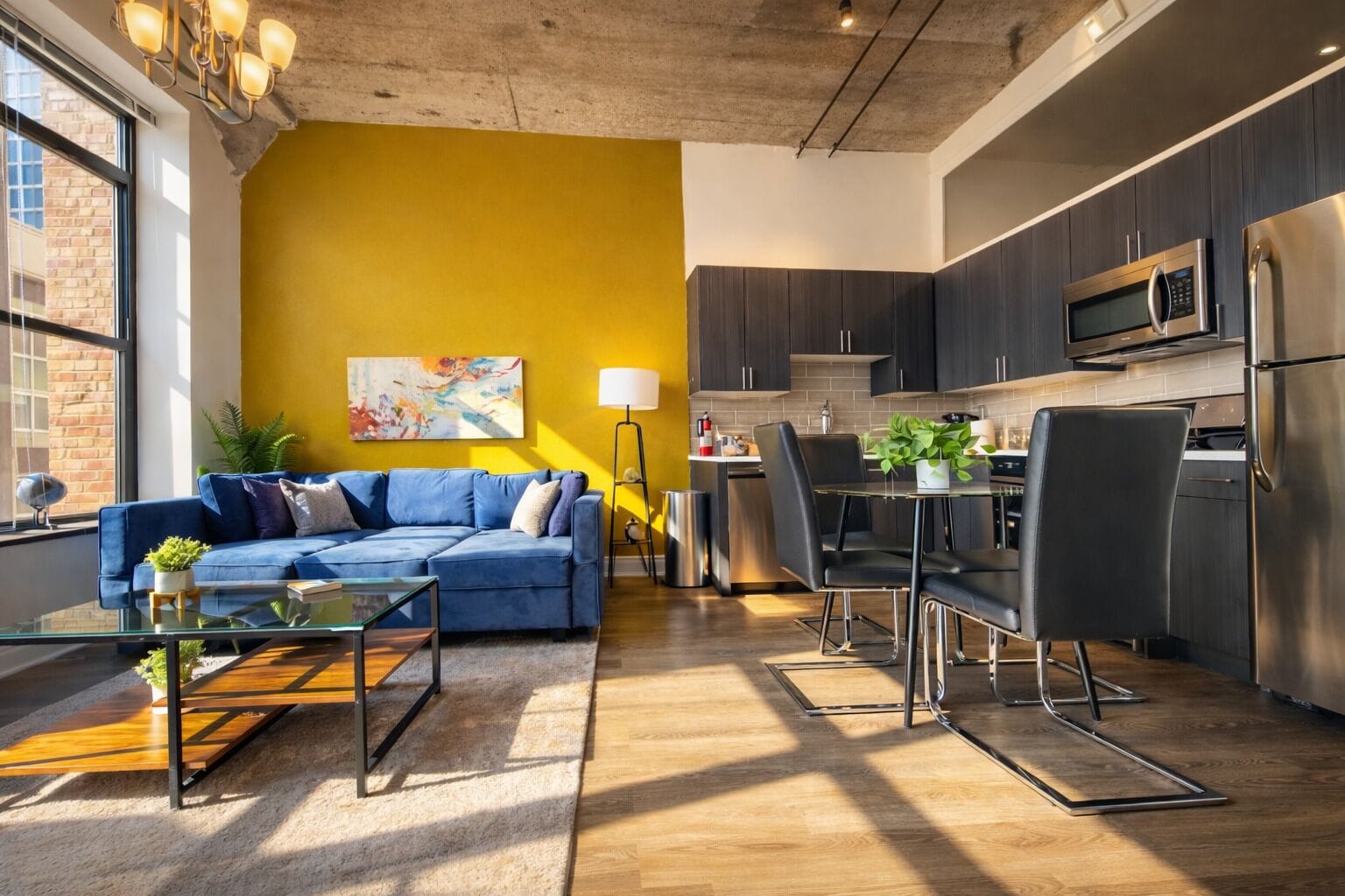 A modern living room with a blue sofa, a glass coffee table, and a dining area with a table and chairs.