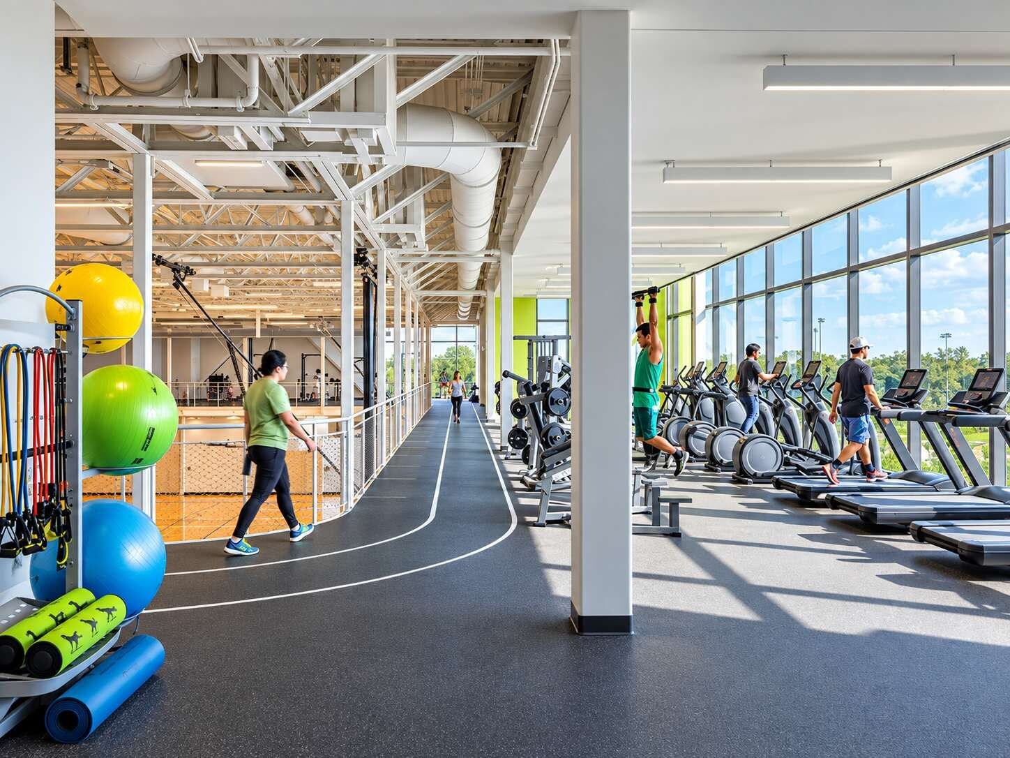 Ett gym med löpband, träningsbollar och styrketräningsmaskiner.