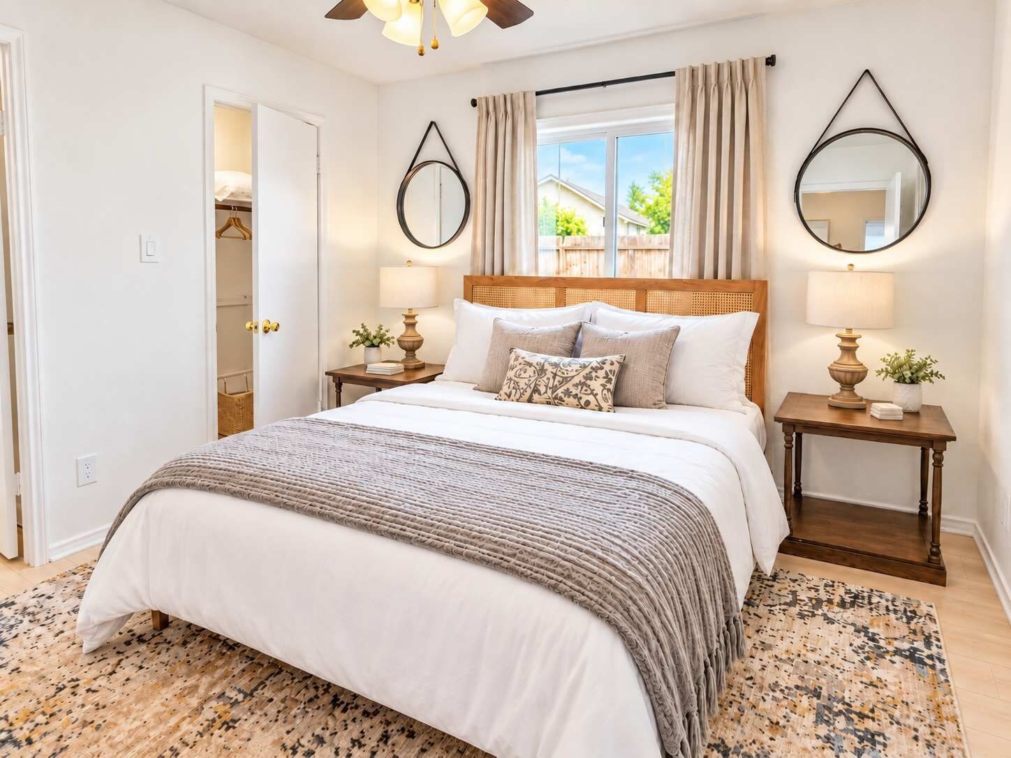 A bedroom with a large bed, two bedside tables with lamps, a window with curtains, and a door leading to a closet.