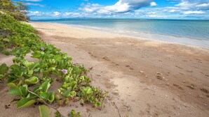Een strand met heldere luchten en rustig water.