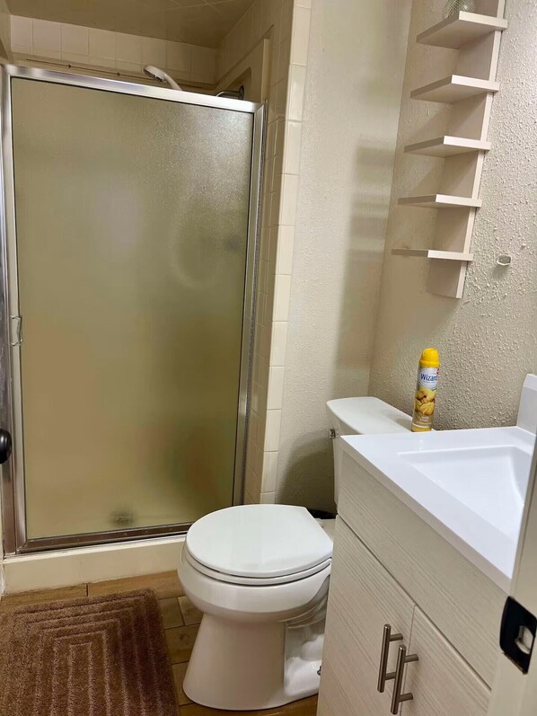 A bathroom with a toilet, a shower enclosure, and a white sink. - Fantastic 2-bedroom house with AC in cool Fort Smith (Fort Smith)