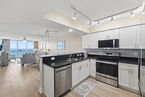 Fridge, microwave, oven, stovetop - Bahama Sands 1203 | Breathtaking Oceanfront Condo with Pools & Hot Tub (North Myrtle Beach)