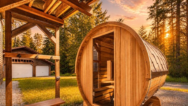 Eine Holzsauna mit Sitzbank und Überdachung, umgeben von einem Wald.
