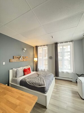 Un dormitorio con cama, escritorio, calefactor y ventana con cortinas.