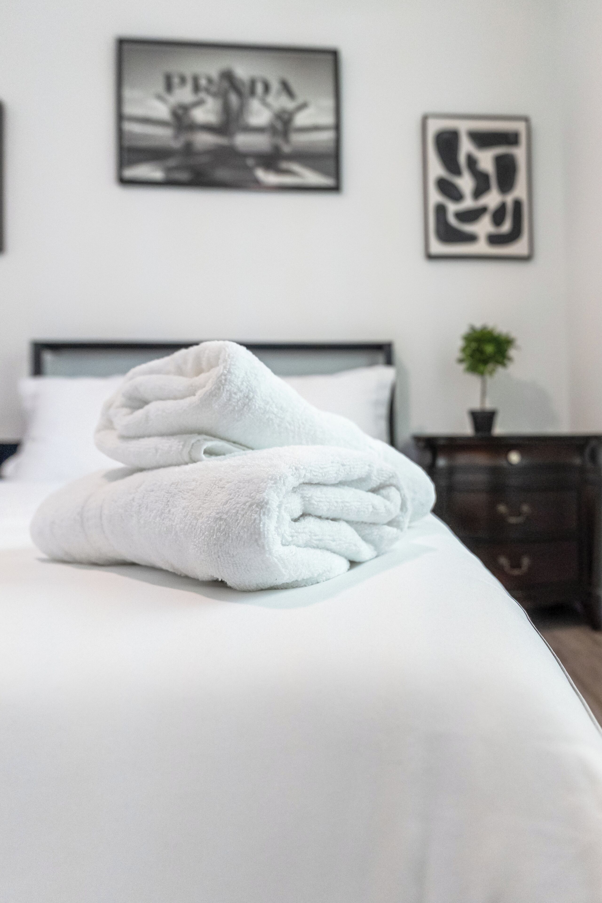 A neatly made bed with folded white towels, a framed picture on the wall, and a small potted plant on a dresser.