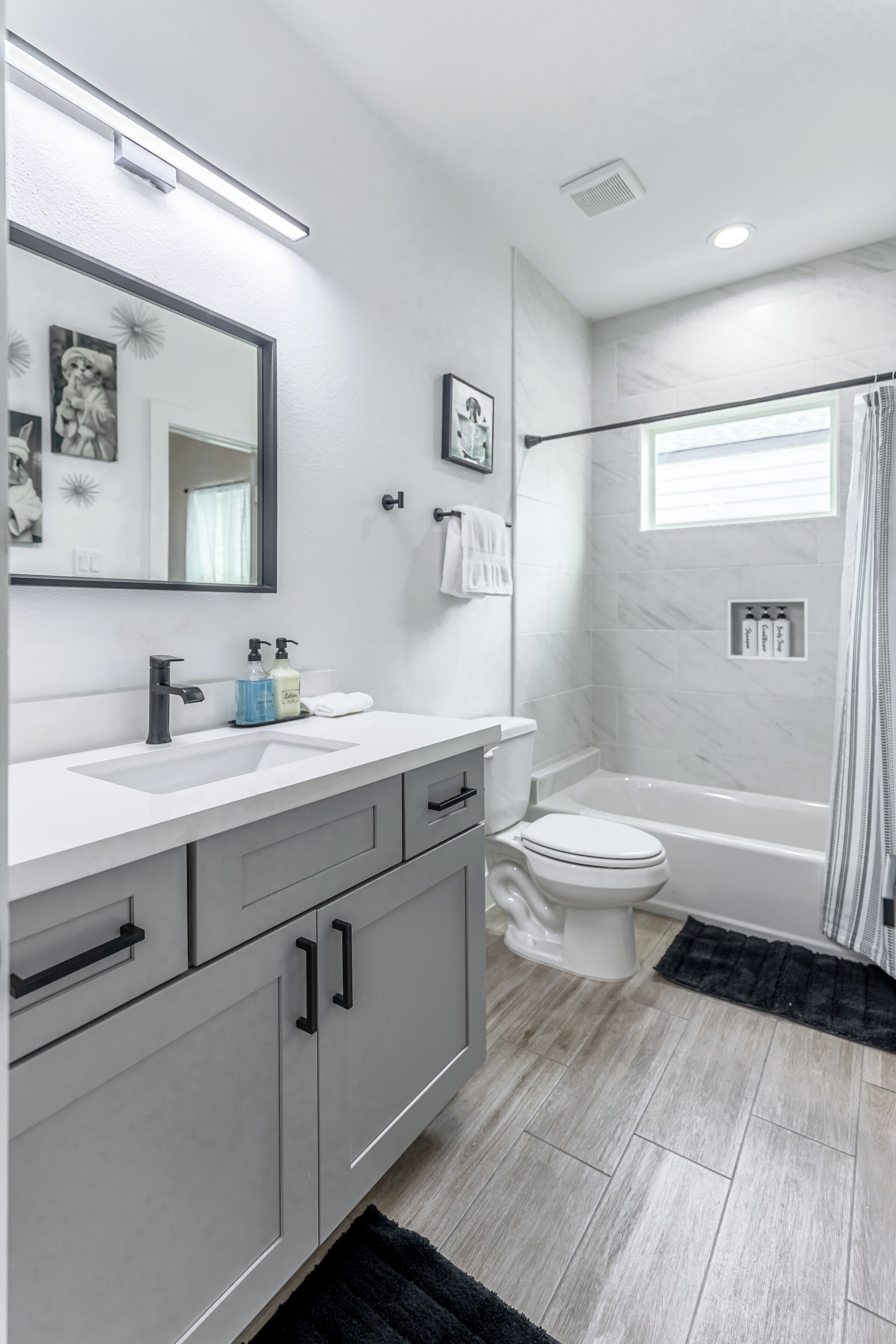 Hair dryer, towels, soap, toilet paper