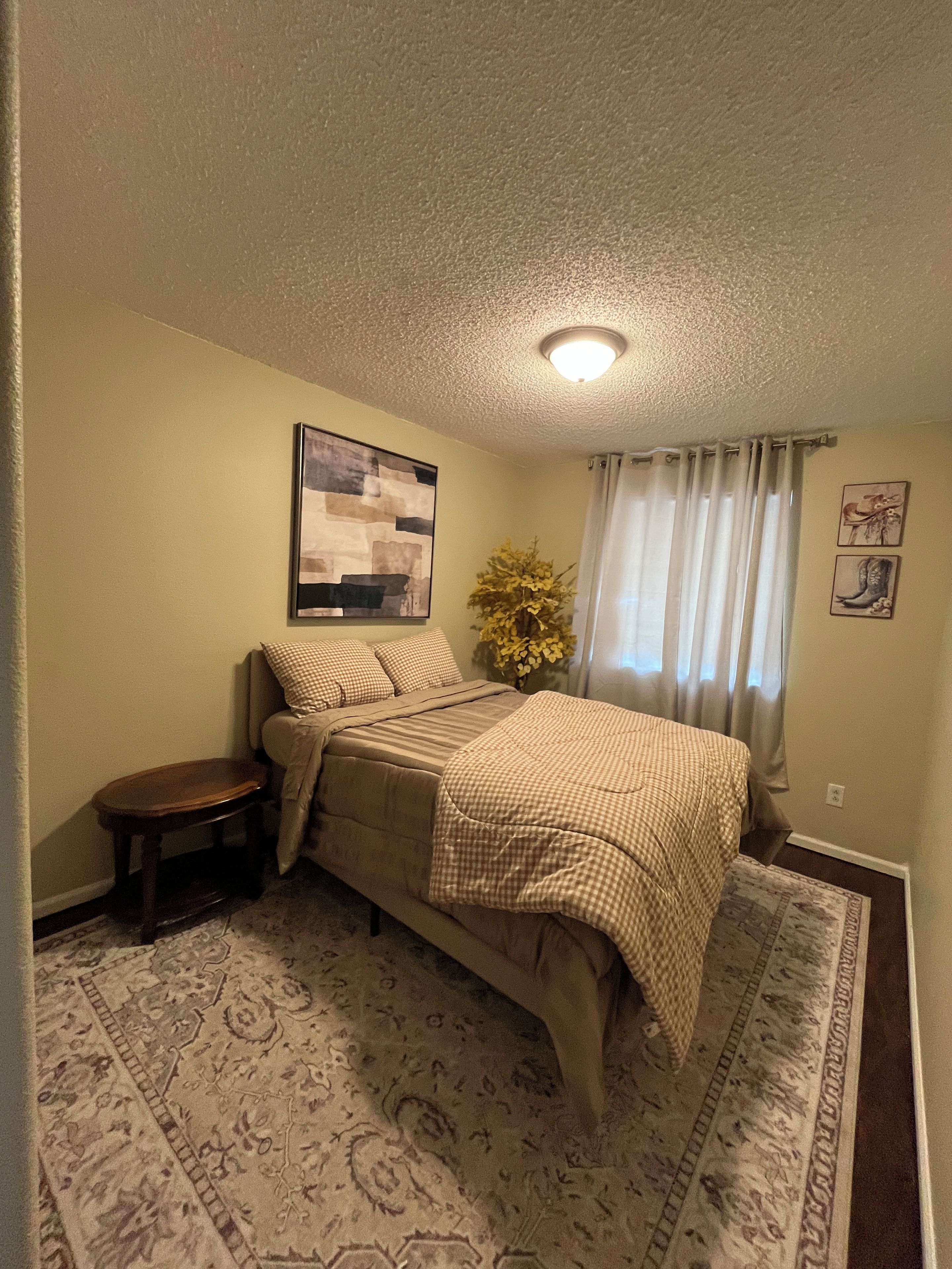 Een slaapkamer met een bed, een tafeltje, een vloerkleed, een plant en een schilderij aan de muur.