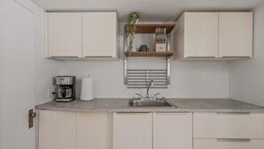 A kitchen with white cabinets, a stainless steel sink, a coffee maker, and a hanging plant. - Comfort & Practicality, 1 CH, Limoilou, Enfant-Jésus (Québec)