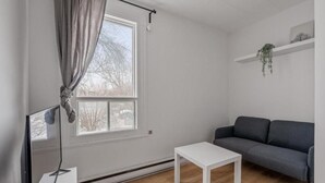 A room with a grey sofa, a white table, a window with curtains, and a plant on a shelf. - Le Petit Cozy, 1 CH, Office, Enfant-Jésus (Québec)