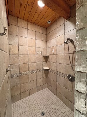 Shower, towels, toilet paper