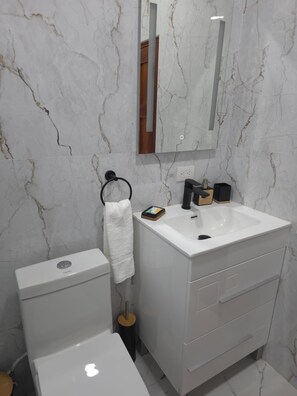 Un bagno con il water, un lavandino, uno specchio e un porta asciugamani.