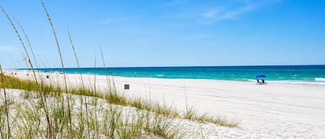 A beach with sand dunes and a clear blue sky.