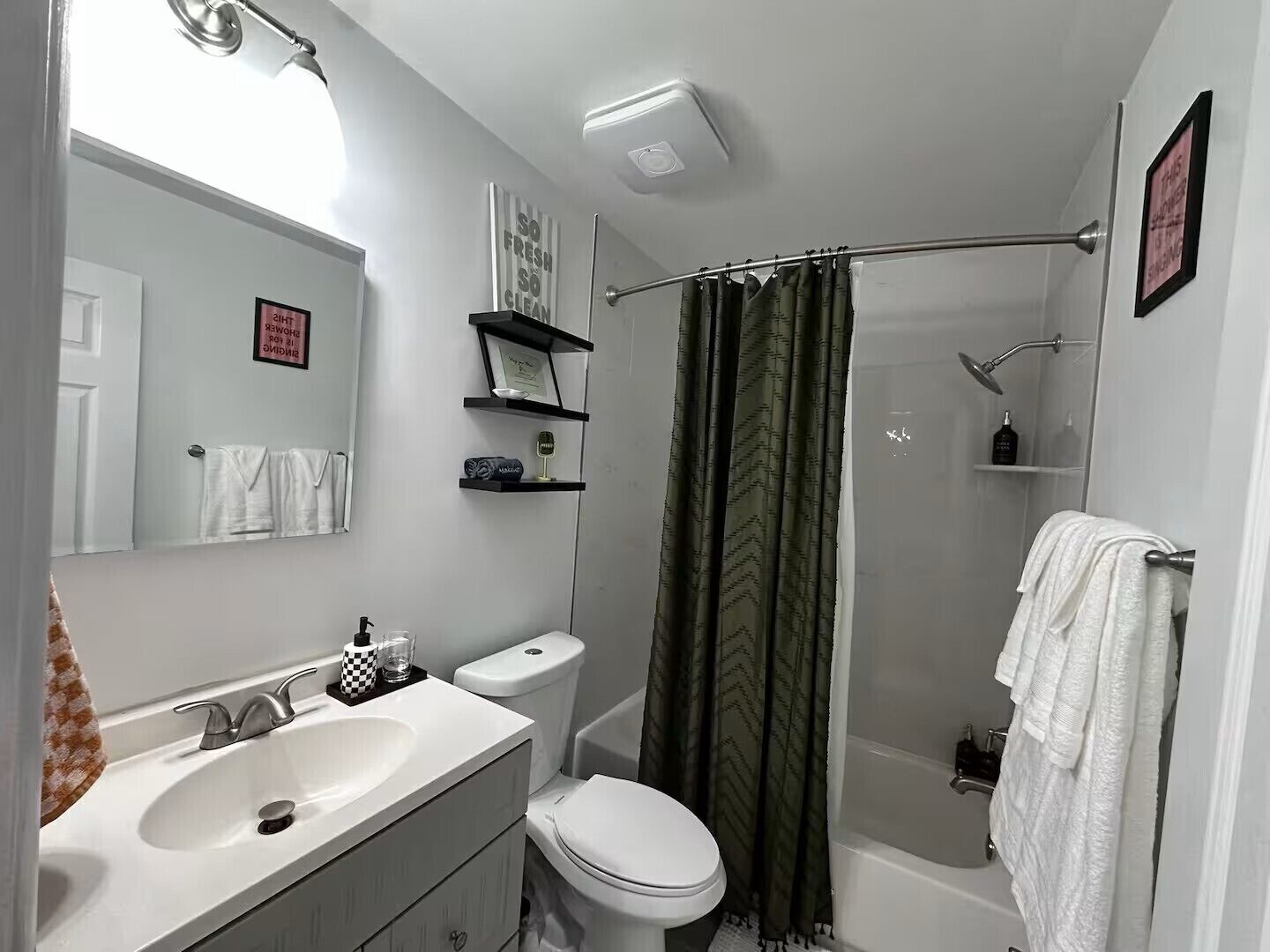 Hair dryer, towels, soap, shampoo