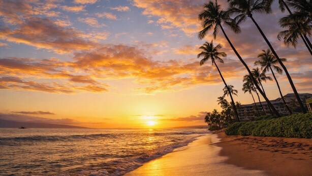 A beach with palm trees and a sunset. - Kaanapali Royal | Ocean View 4 BR, Sleeps 11 | Car Incl. w/ 6+ Nights | KRO ML-3794 by KBM (Lahaina)
