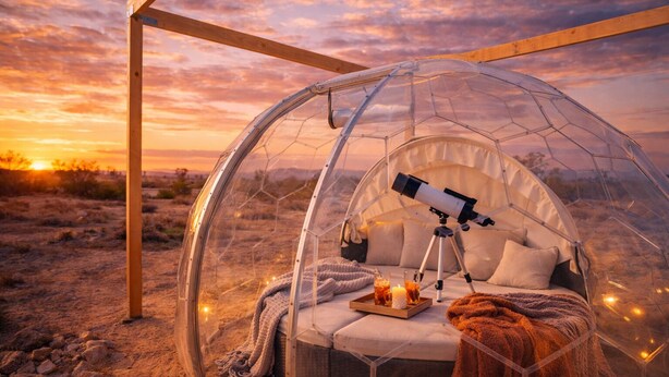 A transparent dome structure with a telescope, a bed, and a tray with candles. - Stargazing Dome with Hot Tub, E-Scooters, Game Room Retreat (Twentynine Palms)