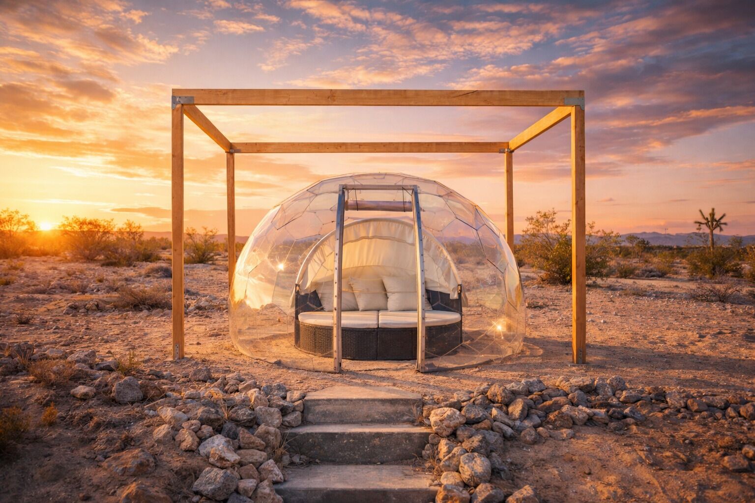 Une structure en forme de dôme transparent, dotée d’une échelle, d’un lit à l’intérieur et d’une ossature en bois.