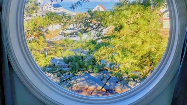 A round window with a view of a garden, a tree, and a building in the background.