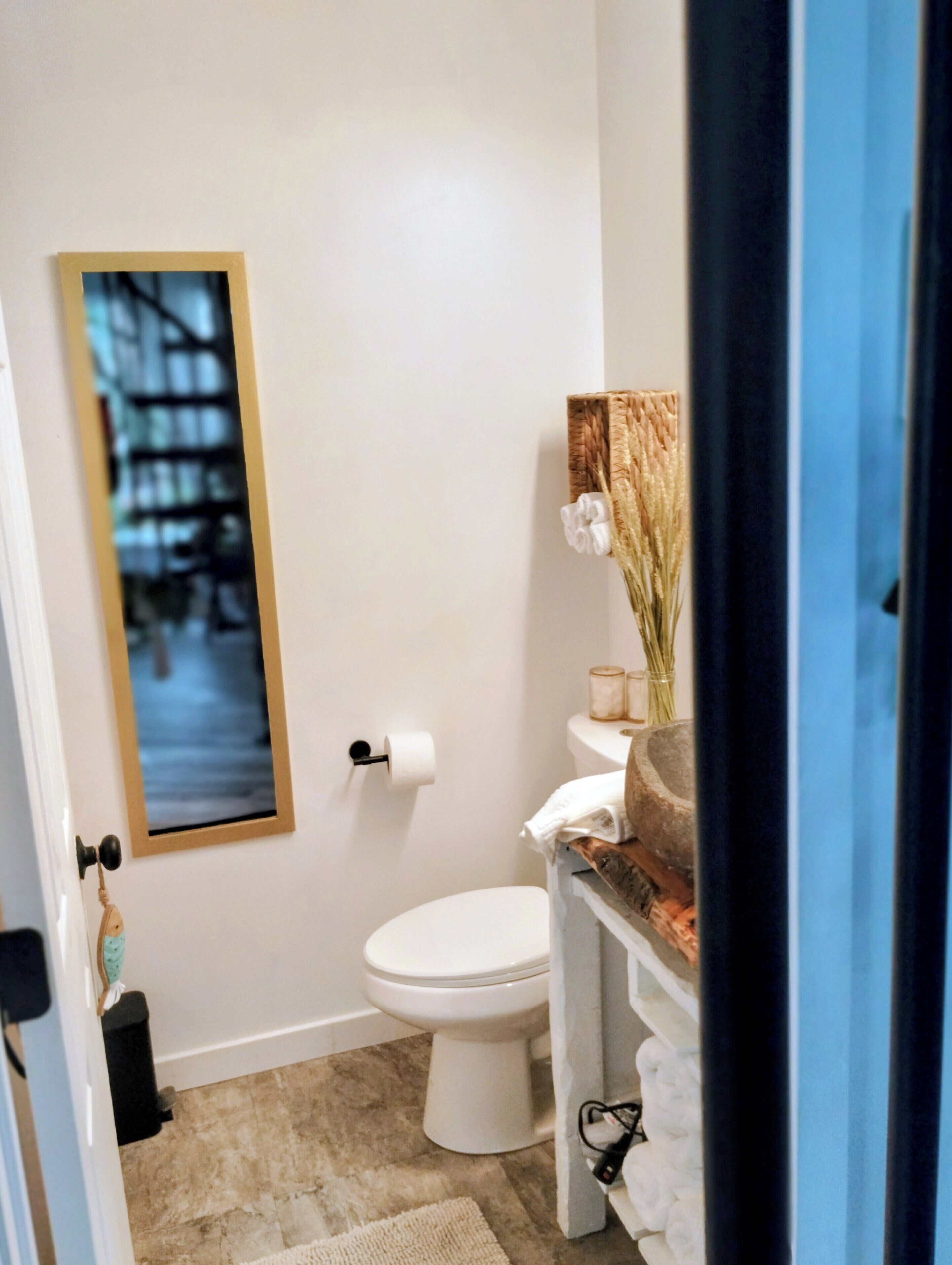 Un baño con inodoro, un cuadro en la pared, un florero con flores secas y un perchero para toallas.