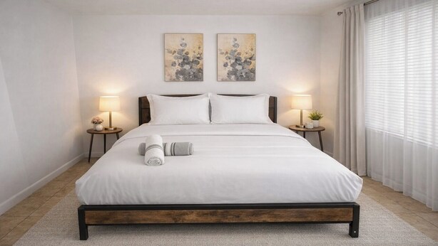 A neatly made bed with white linens, two bedside tables with lamps, and two abstract paintings on the wall. - Ariia Fort Lauderdale Airport (Fort Lauderdale)