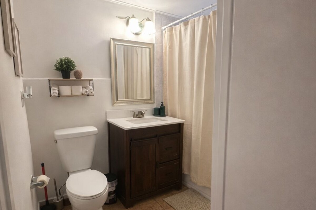 A bathroom with a toilet, sink, and shower curtain.