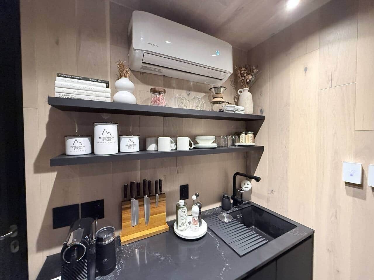 Fridge, microwave, toaster, cookware/dishes/utensils