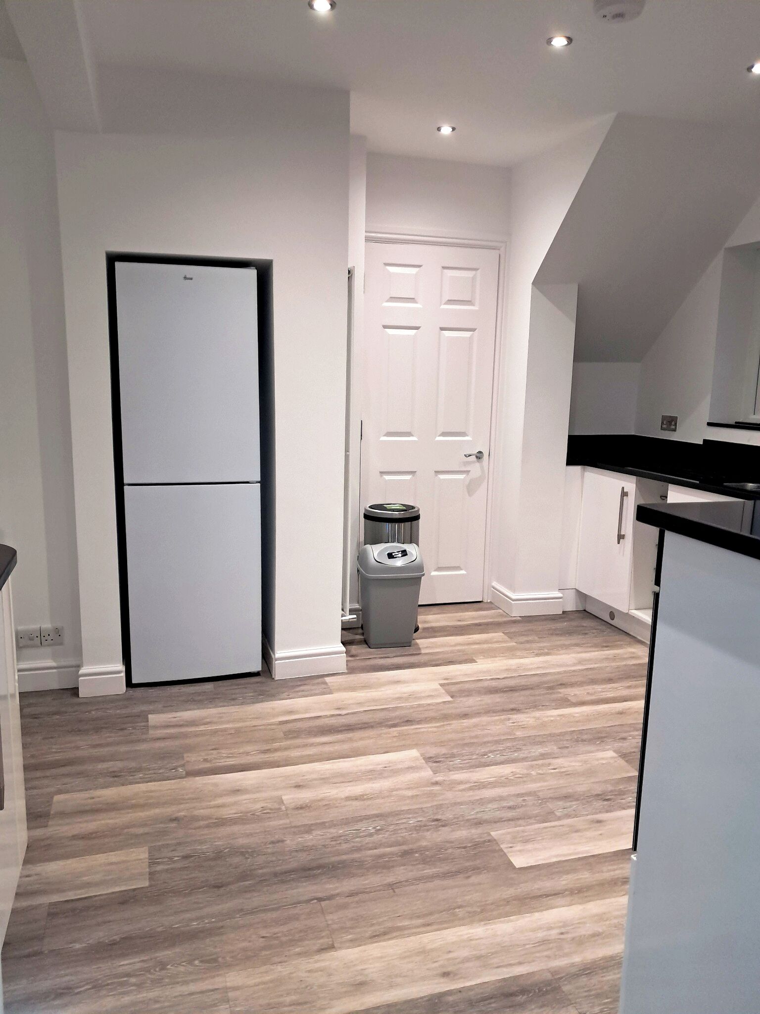Une cuisine moderne dotée d’un réfrigérateur à deux portes, d’une poubelle et d’un plancher en bois.