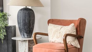 Ein Sessel mit Kissen, eine Lampe und eine Pflanze auf einem Tisch.