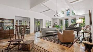TV, fireplace, books, music library