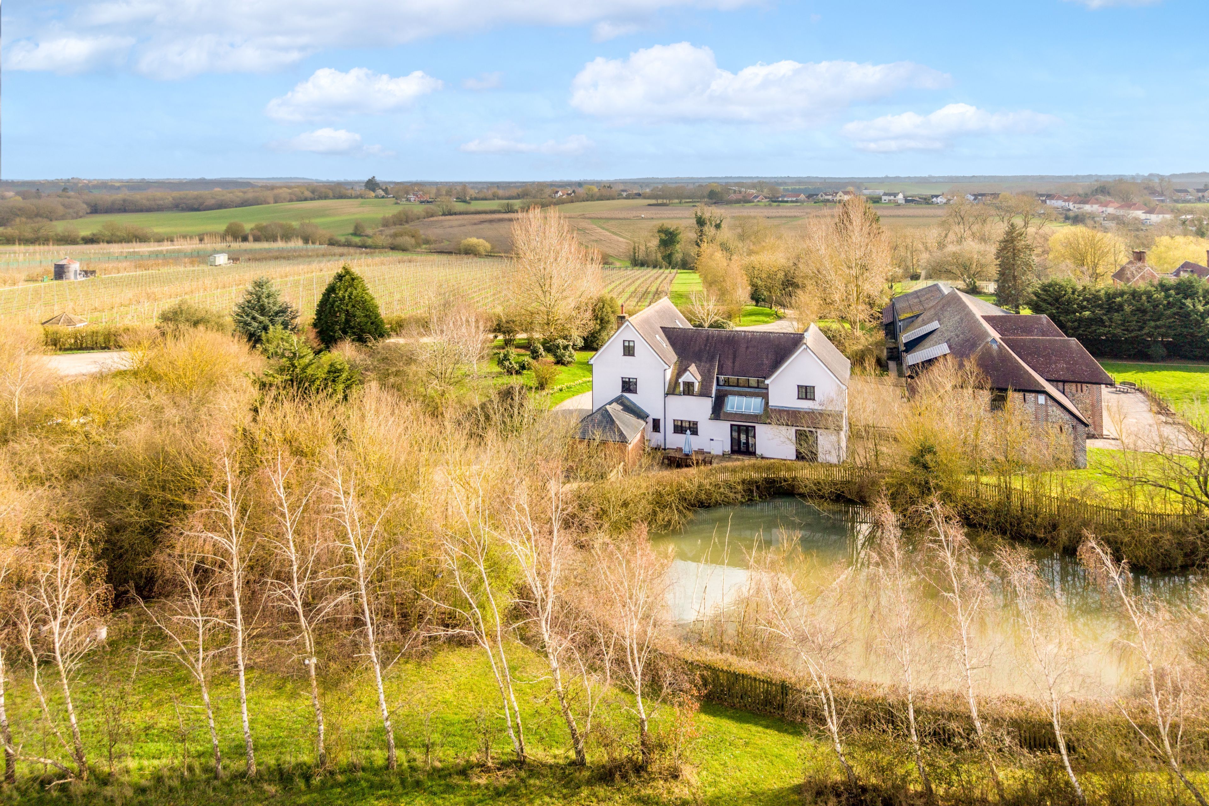 Un'ampia casa bianca con uno stagno, circondata da campi e alberi.