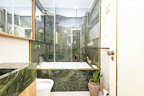 Ducha, bañera de hidromasaje, secador de pelo y bidé