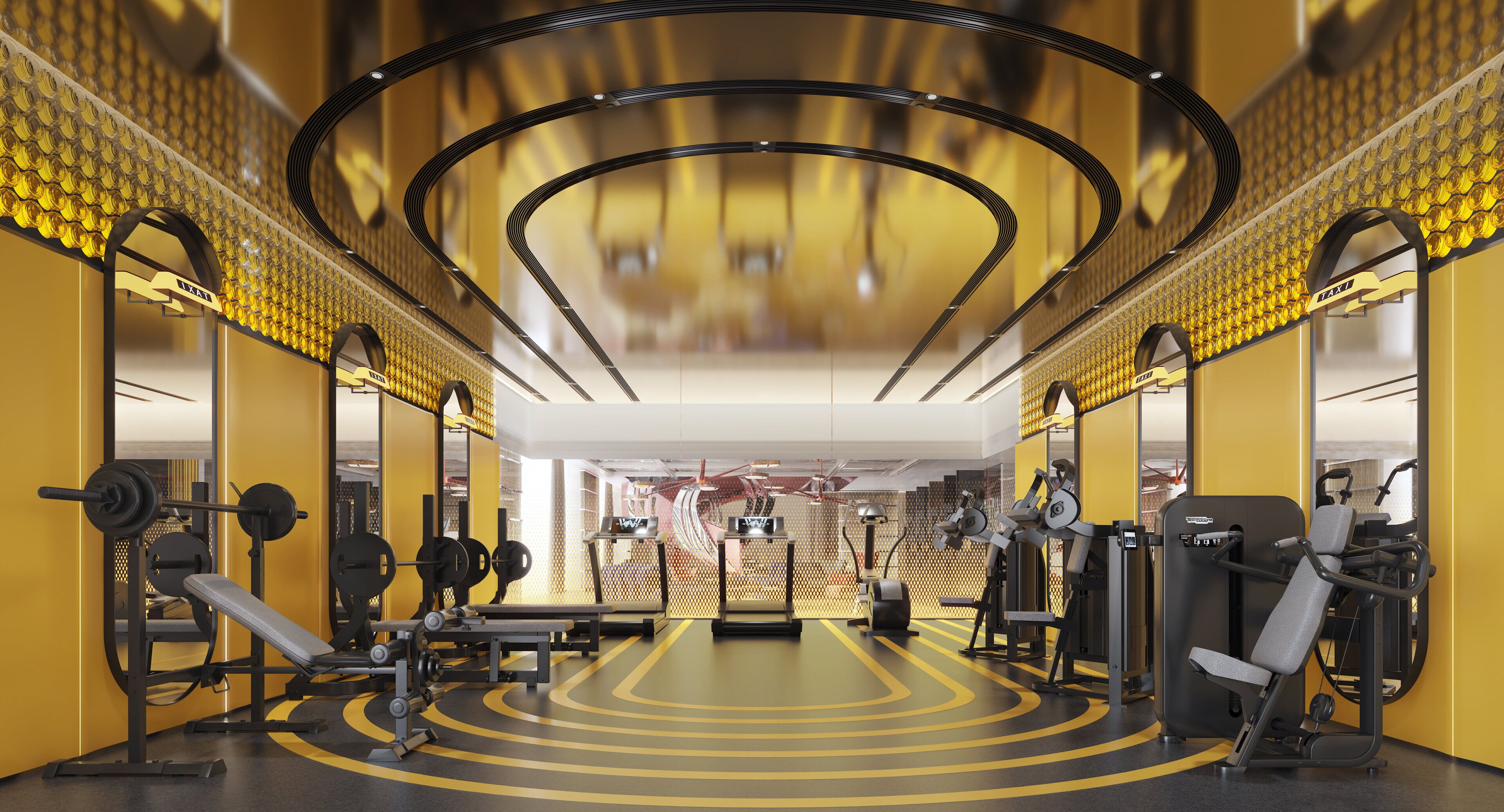 A gym with exercise equipment, a mirrored wall, and a yellow and black color scheme.