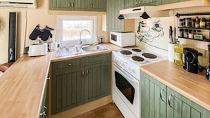 Una cocina compacta con armarios verdes, un microondas, una estufa y un lavabo.