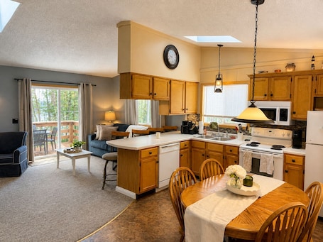 Fridge, microwave, oven, stovetop. Serenity Now 4BR Lakefront Cabin + Trail Access - Sleeps 12