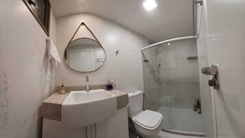Hair dryer, towels, soap, toilet paper